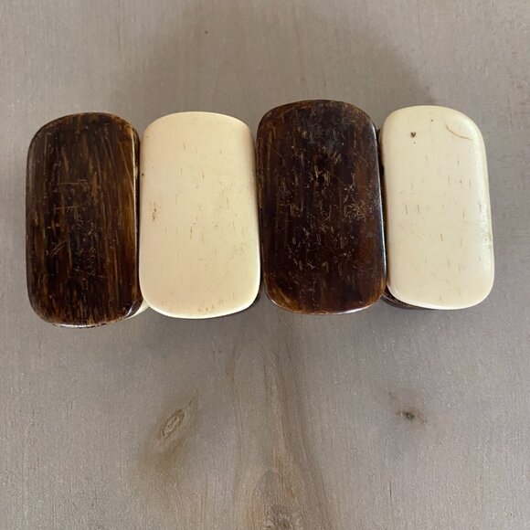 Vintage Brown Cream Chunky Cow Bone Panel Stretch Bracelet Boho Earthy Tribal - Picture 5 of 10